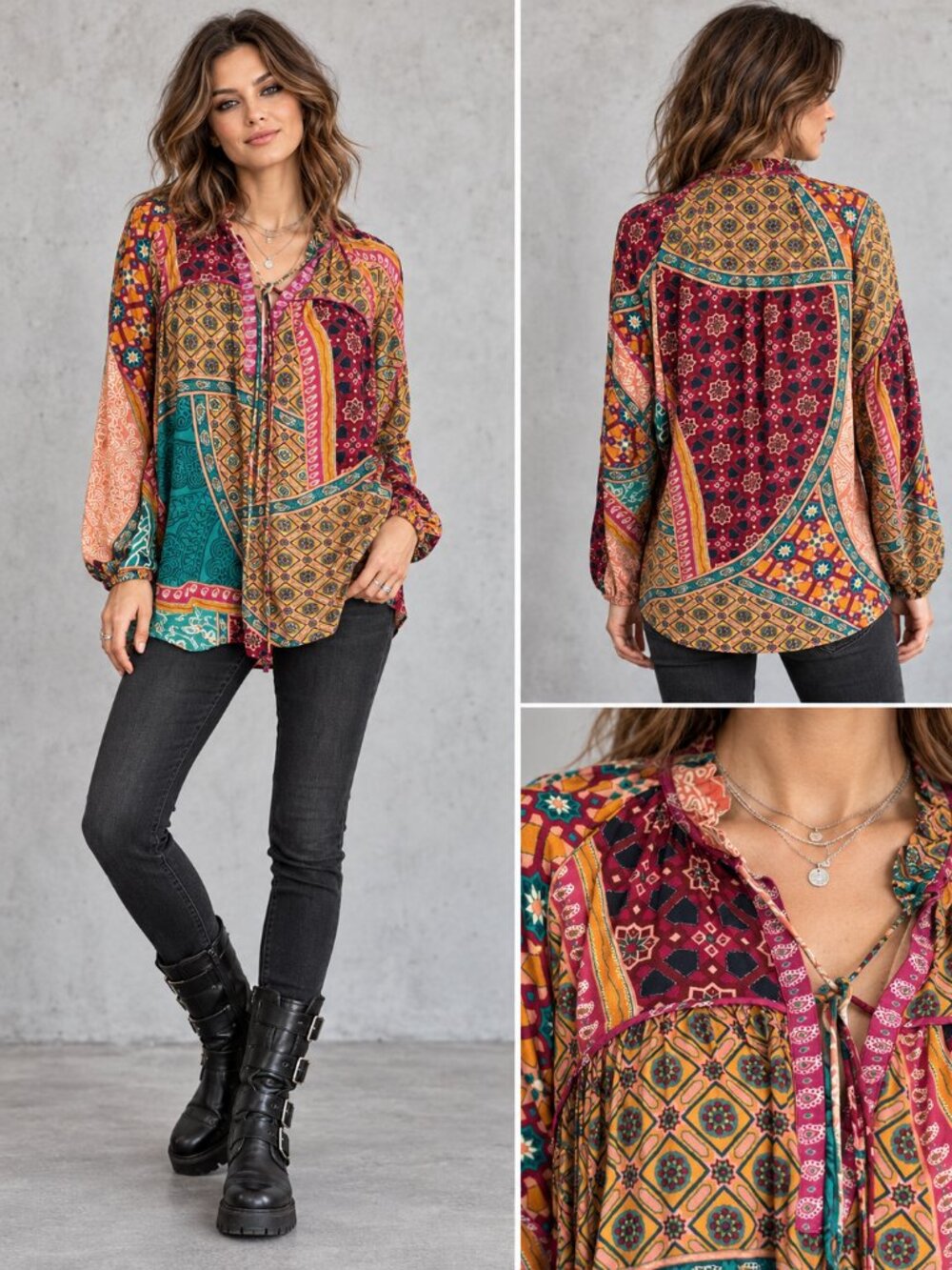 ba&sh Multicolor Floral Geometric Patchwork Tie Neck Blouse Size 1 S